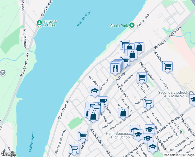 map of restaurants, bars, coffee shops, grocery stores, and more near 12656 Avenue Corbeil in Montréal