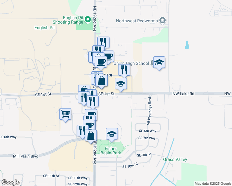 map of restaurants, bars, coffee shops, grocery stores, and more near 19401-19489 SE 1st St in Camas