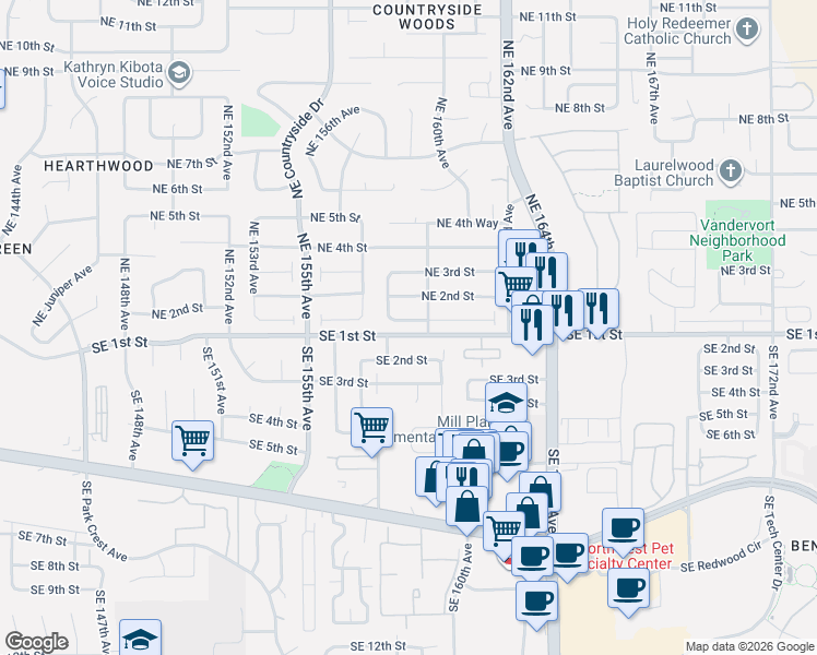 map of restaurants, bars, coffee shops, grocery stores, and more near 15819 Southeast 1st Street in Vancouver