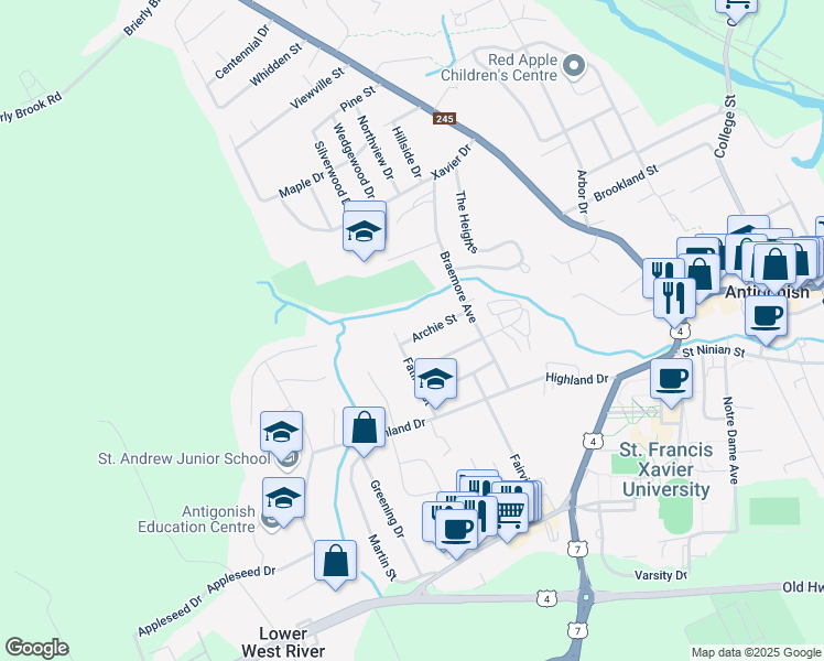 map of restaurants, bars, coffee shops, grocery stores, and more near 68 Archie Street in Antigonish