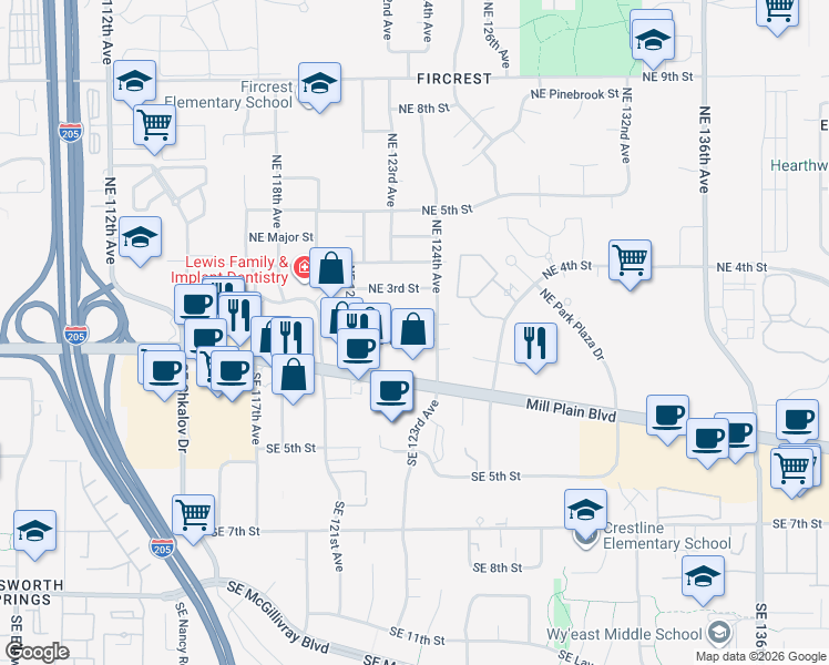 map of restaurants, bars, coffee shops, grocery stores, and more near 12311 Southeast 1st Street in Vancouver