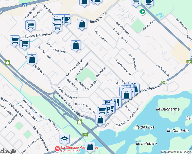 map of restaurants, bars, coffee shops, grocery stores, and more near Rue Piette in Boisbriand