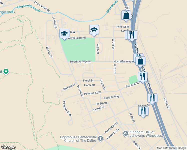 map of restaurants, bars, coffee shops, grocery stores, and more near 952 Heritage Loop in The Dalles