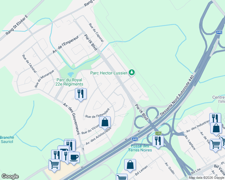 map of restaurants, bars, coffee shops, grocery stores, and more near 3987 Rue de la Duchesse in Laval