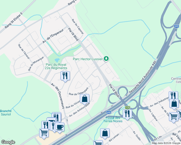 map of restaurants, bars, coffee shops, grocery stores, and more near 3987 Rue de la Duchesse in Laval