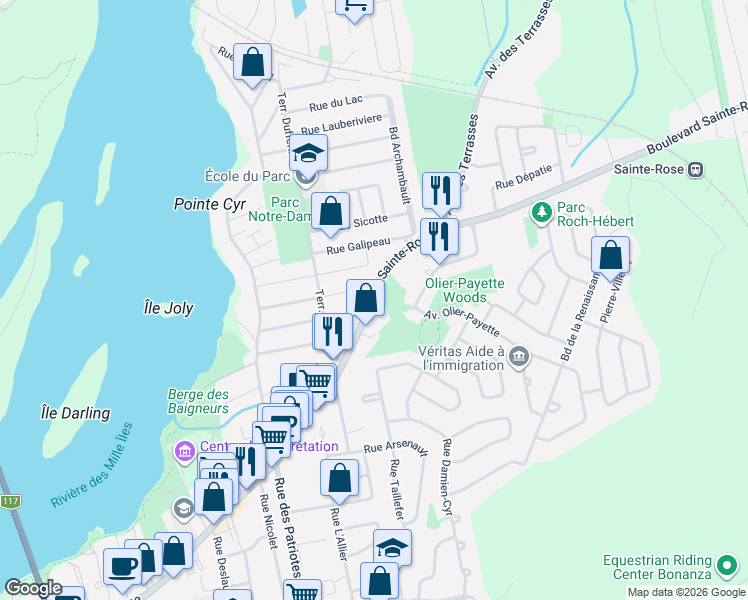 map of restaurants, bars, coffee shops, grocery stores, and more near 60 Boulevard Sainte-Rose in Laval