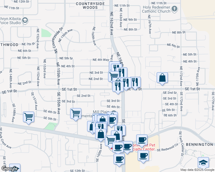 map of restaurants, bars, coffee shops, grocery stores, and more near 16119 Southeast 1st Street in Vancouver