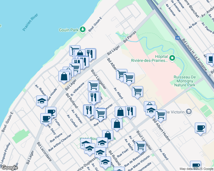 map of restaurants, bars, coffee shops, grocery stores, and more near 12369 Boulevard Langelier in Montréal