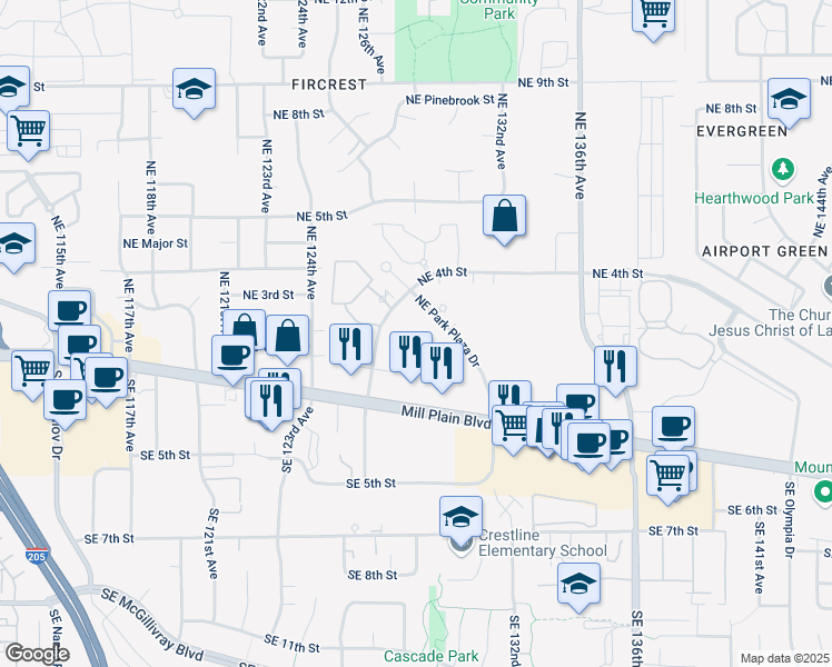 map of restaurants, bars, coffee shops, grocery stores, and more near 12712 Southeast 2nd Circle in Vancouver