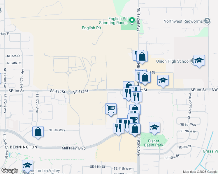 map of restaurants, bars, coffee shops, grocery stores, and more near 18753 Southeast 1st Street in Vancouver