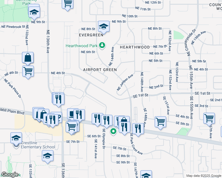 map of restaurants, bars, coffee shops, grocery stores, and more near 14301 Southeast 1st Street in Vancouver