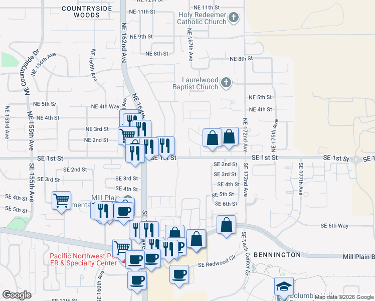 map of restaurants, bars, coffee shops, grocery stores, and more near 16703 Southeast 1st Street in Vancouver