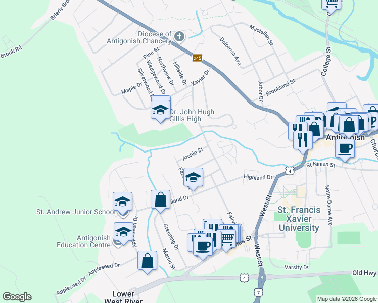 map of restaurants, bars, coffee shops, grocery stores, and more near 64 Archie Street in Antigonish