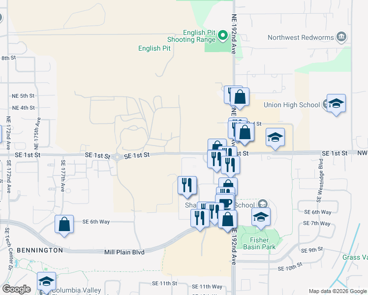 map of restaurants, bars, coffee shops, grocery stores, and more near 18753 Southeast 1st Street in Vancouver