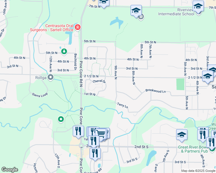 map of restaurants, bars, coffee shops, grocery stores, and more near 126 Cheval Drive in Sartell