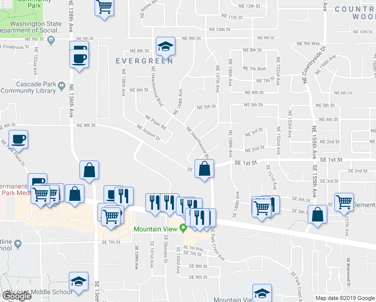 map of restaurants, bars, coffee shops, grocery stores, and more near 100 Northeast Juniper Avenue in Vancouver