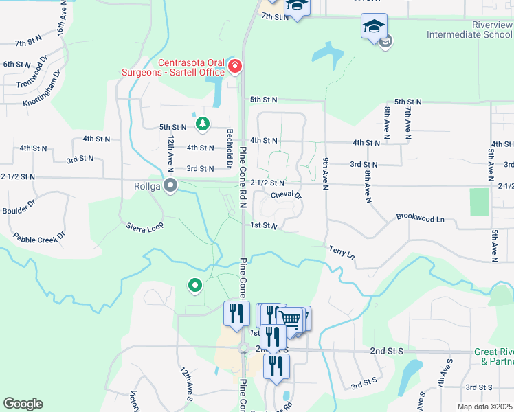 map of restaurants, bars, coffee shops, grocery stores, and more near 107 Bantam Road in Sartell