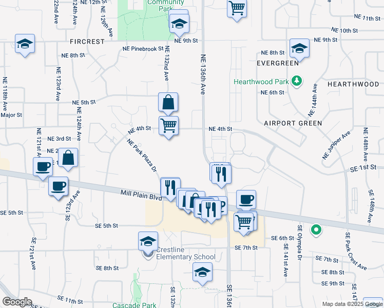 map of restaurants, bars, coffee shops, grocery stores, and more near 218-300 SE Stone Mill Dr in Vancouver