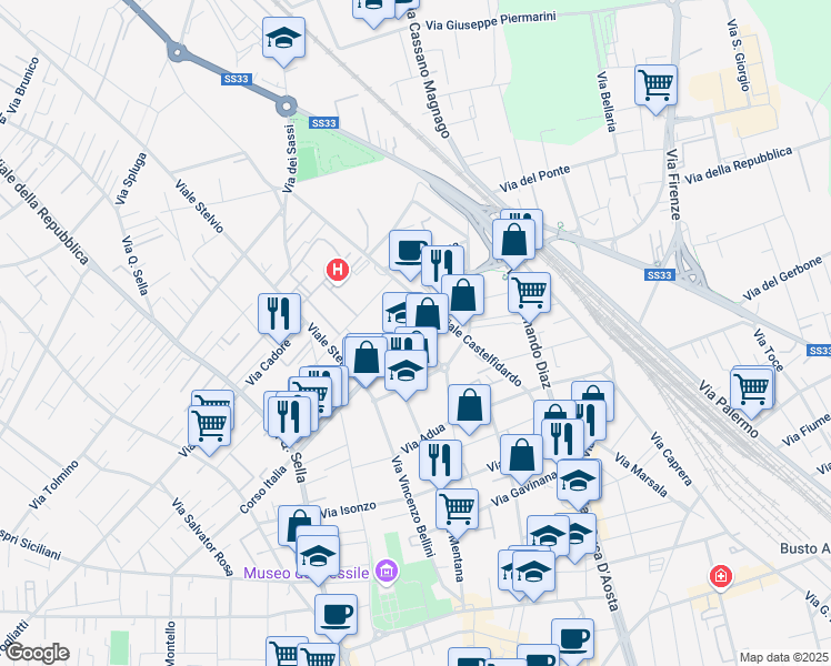 map of restaurants, bars, coffee shops, grocery stores, and more near 11 Corso Italia in Busto Arsizio