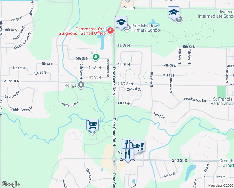map of restaurants, bars, coffee shops, grocery stores, and more near 155 Bantam Road in Sartell
