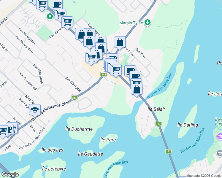 map of restaurants, bars, coffee shops, grocery stores, and more near 1900 Chemin du Manoir in Rosemère
