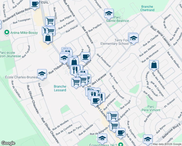 map of restaurants, bars, coffee shops, grocery stores, and more near 5070 Rue Préfontaine in Laval