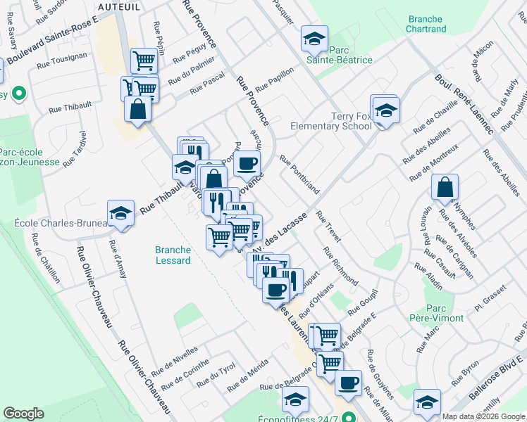 map of restaurants, bars, coffee shops, grocery stores, and more near 5070 Rue Préfontaine in Laval