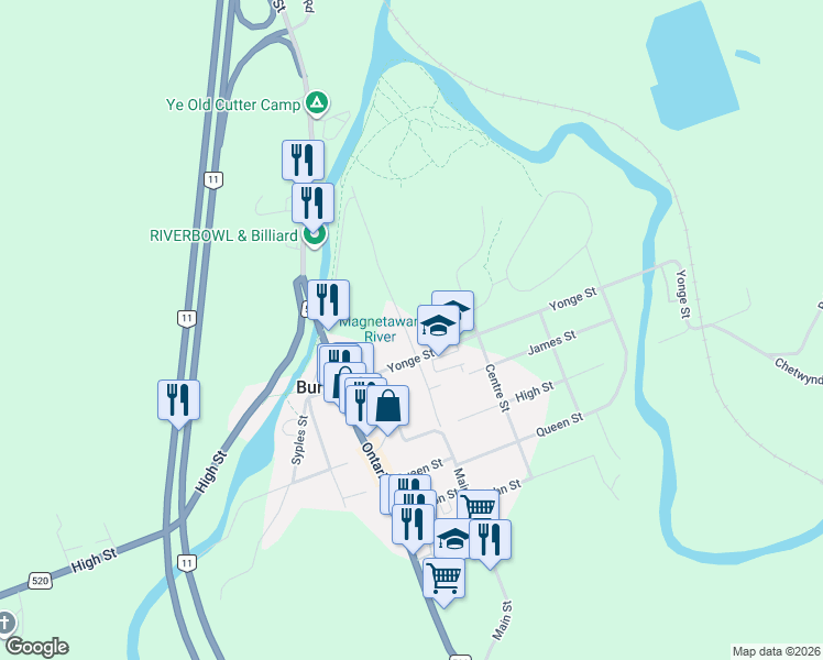 map of restaurants, bars, coffee shops, grocery stores, and more near 234 Main Street in Burk's Falls