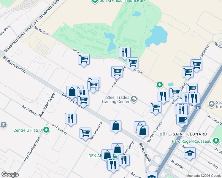 map of restaurants, bars, coffee shops, grocery stores, and more near Rue du Parcours in Montréal