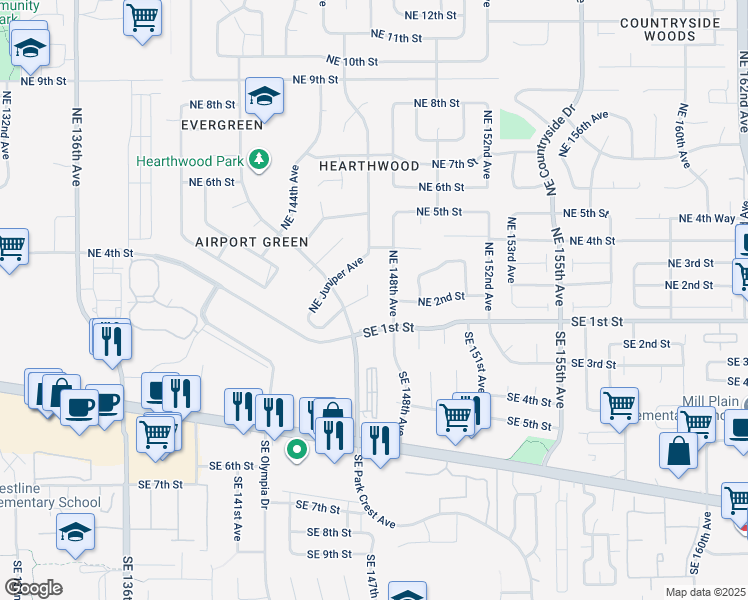 map of restaurants, bars, coffee shops, grocery stores, and more near 214 Northeast 148th Place in Vancouver