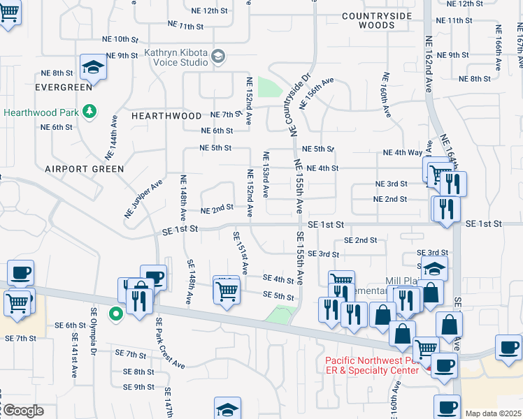 map of restaurants, bars, coffee shops, grocery stores, and more near 15304 Northeast 2nd Street in Vancouver