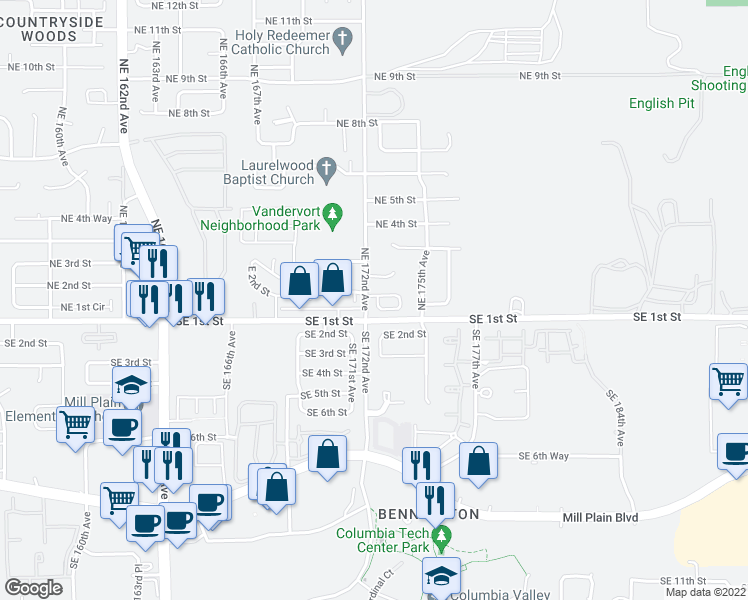 map of restaurants, bars, coffee shops, grocery stores, and more near 17201 Northeast 2nd Circle in Vancouver