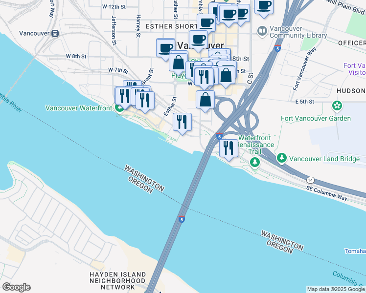 map of restaurants, bars, coffee shops, grocery stores, and more near 100 Columbia Street in Vancouver