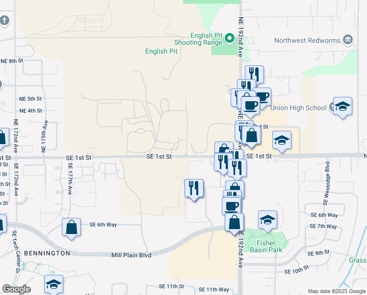 map of restaurants, bars, coffee shops, grocery stores, and more near 18606 Southeast 1st Street in Vancouver