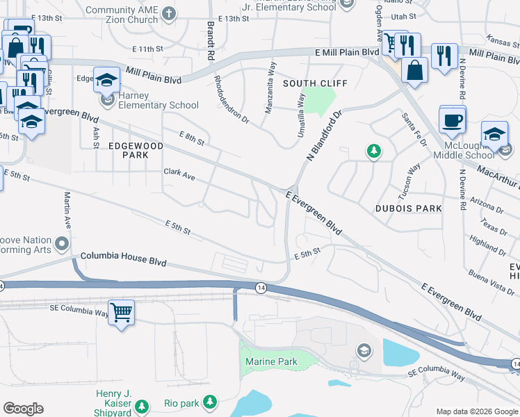 map of restaurants, bars, coffee shops, grocery stores, and more near 125 Farview Drive in Vancouver