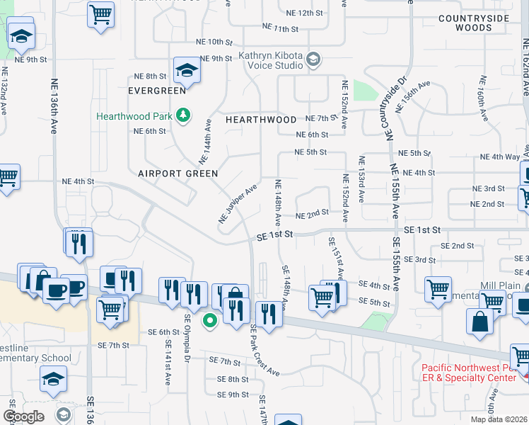 map of restaurants, bars, coffee shops, grocery stores, and more near 214 Northeast 148th Place in Vancouver