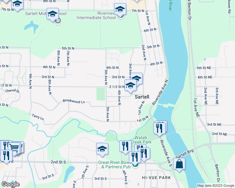 map of restaurants, bars, coffee shops, grocery stores, and more near 400 2 1/2 Street North in Sartell
