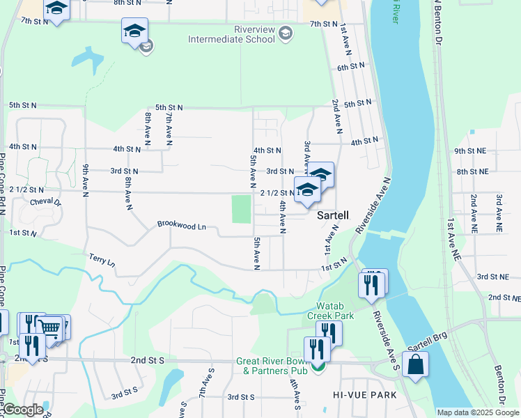 map of restaurants, bars, coffee shops, grocery stores, and more near 410 2 1/2 Street North in Sartell