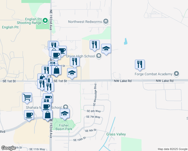 map of restaurants, bars, coffee shops, grocery stores, and more near 316 Northeast 202nd Avenue in Camas