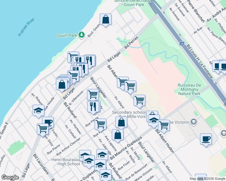 map of restaurants, bars, coffee shops, grocery stores, and more near 12365 Avenue Allard in Montréal