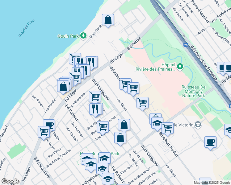 map of restaurants, bars, coffee shops, grocery stores, and more near 12365 Avenue Allard in Montréal