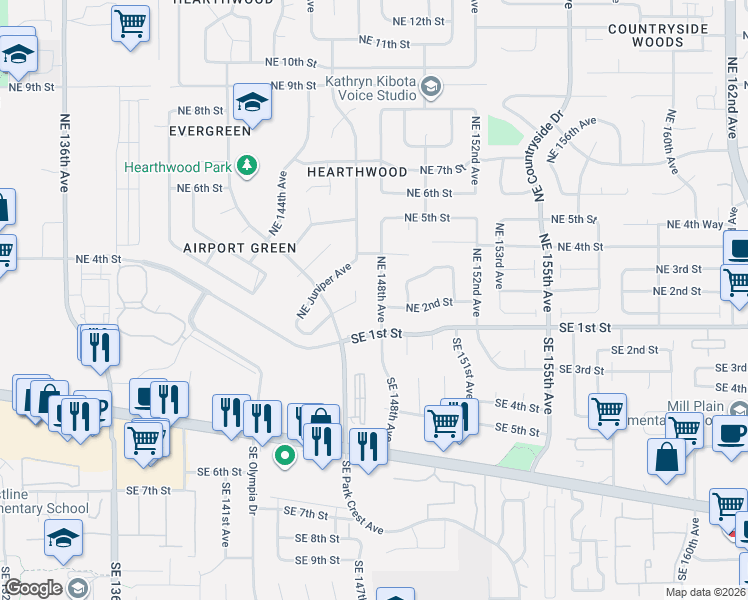 map of restaurants, bars, coffee shops, grocery stores, and more near 204 Northeast 148th Avenue in Vancouver