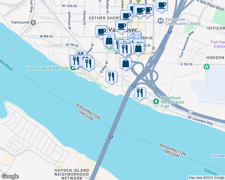 map of restaurants, bars, coffee shops, grocery stores, and more near 110 Columbia Street in Vancouver