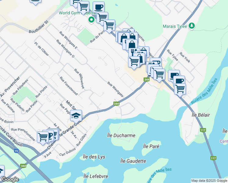map of restaurants, bars, coffee shops, grocery stores, and more near 217 Rue Westgate in Rosemère