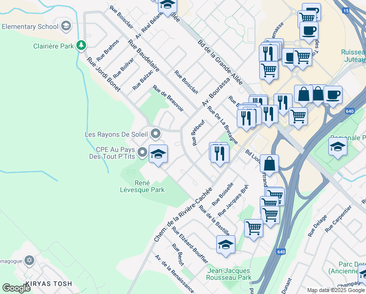 map of restaurants, bars, coffee shops, grocery stores, and more near in Boisbriand