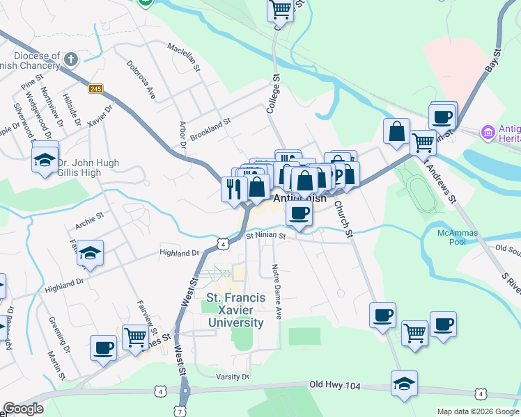map of restaurants, bars, coffee shops, grocery stores, and more near 325 Main Street in Antigonish