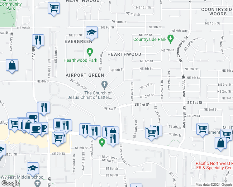 map of restaurants, bars, coffee shops, grocery stores, and more near 121 Northeast Hearthwood Boulevard in Vancouver