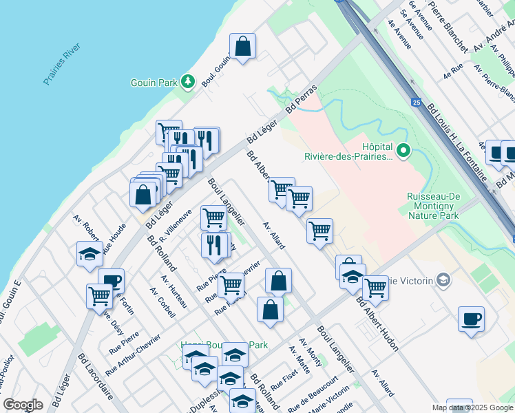 map of restaurants, bars, coffee shops, grocery stores, and more near 12375 Avenue Allard in Montréal