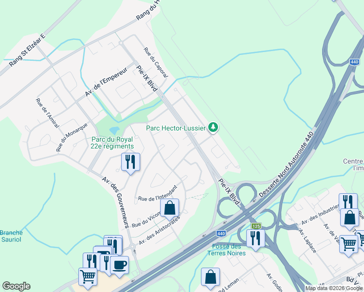 map of restaurants, bars, coffee shops, grocery stores, and more near 3903 Rue de la Princesse in Laval