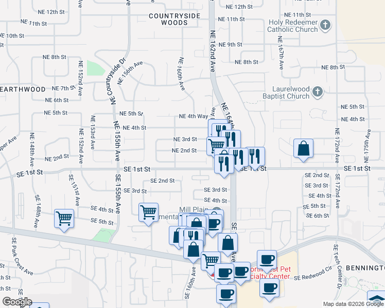 map of restaurants, bars, coffee shops, grocery stores, and more near 15921 Northeast 2nd Street in Vancouver